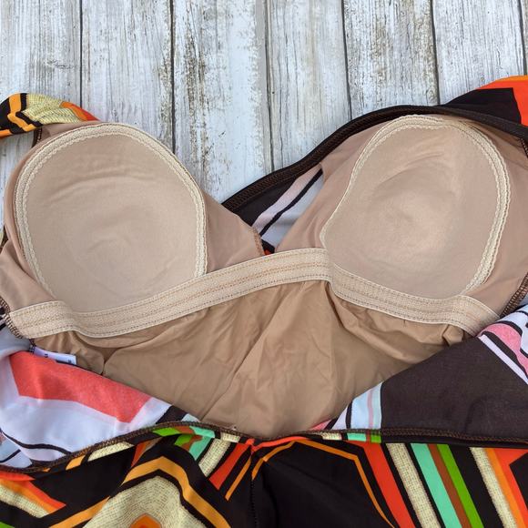 Tara Grinna Swimsuit Sz 14 One Piece Faux Wrap Brown Orange Retro Geometric - Picture 9 of 15